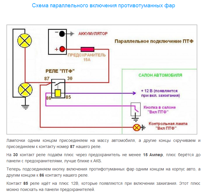 Подключить реле птф. Схема соединения ПТФ через реле. Схема подключения противотуманок через реле и кнопку. Схема подключения противотуманки через реле и кнопку. Реле противотуманных фар подключение и кнопку схема.